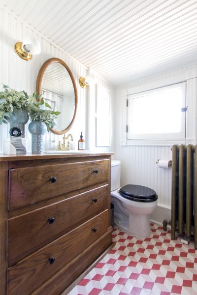 Bathroom with Wood Dresser and Hand-Painted Tumbling Blocks Floor | Making it Lovely