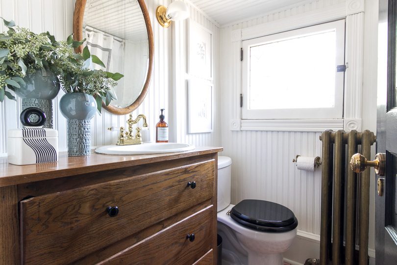 Small Bathroom, Black, White, Brass, and Wood | Making it Lovely