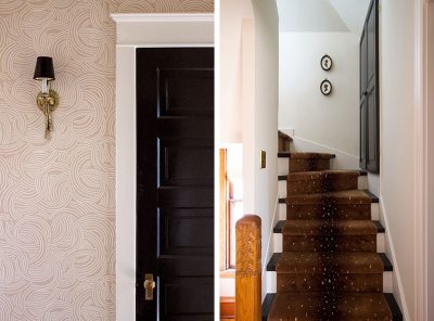 Pink Wallpapered Hallway and Stairs with Antelope Rug Runner | Making it Lovely