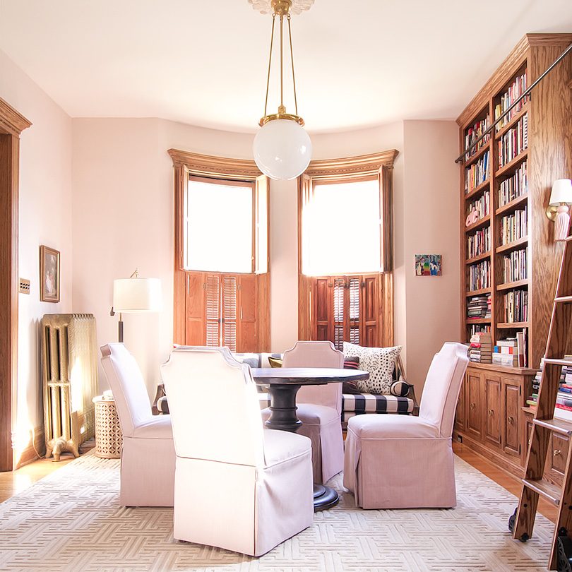 Pink Home Library, Annie Selke Beekman Rug, Pink Chairs