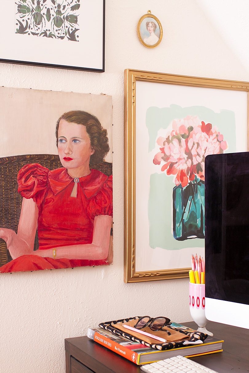 Vintage Portait Painting and Other Art Above the Desk | Making it Lovely