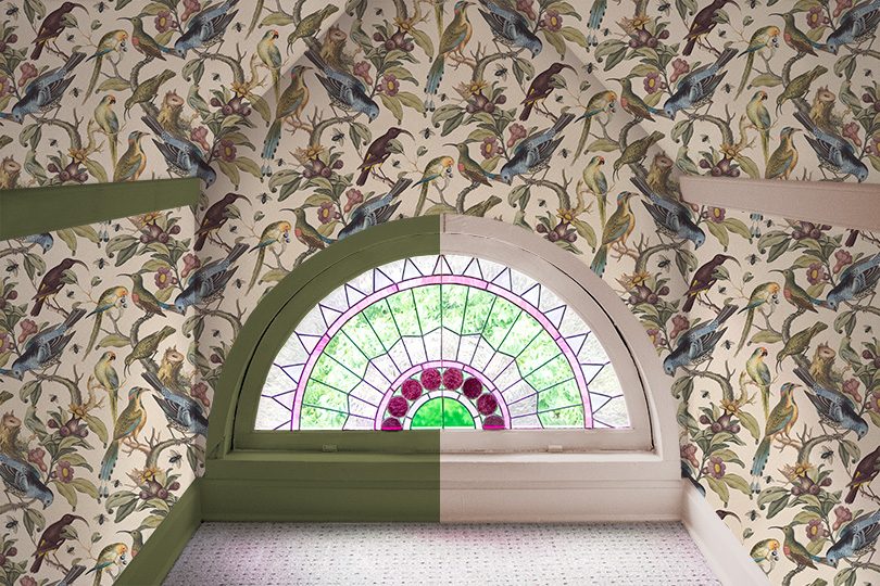 Rainbow Room, Milton & King Ornithology Wallpaper, Stained Glass Window, Green or Pink Painted Trim