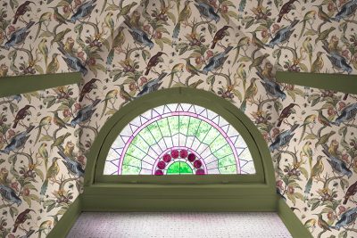 Rainbow Room, Milton & King Ornithology Wallpaper, Stained Glass Window, Green Painted Trim