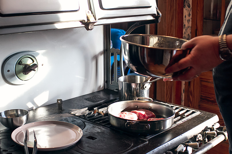 Cooking Pork Chops from Blue Apron on an Antique Stove (1918)