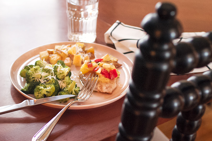 Dinner! Blue Apron Pork Chops and Yellow Tomato Sauce with Roasted Potatoes and Broccoli