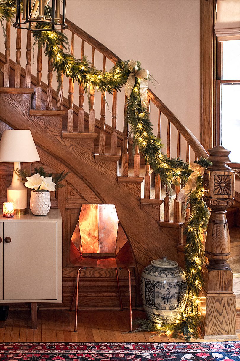 Victorian Oak Staircase Banister with Christmas Garland | Making it Lovely