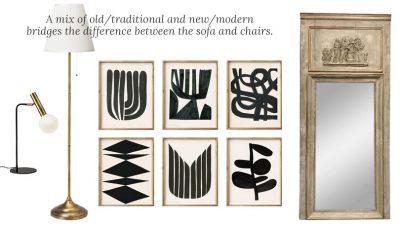 MiY16: Old Meets New – A mix of old/traditional and new/modern bridges the difference between the sofa and chairs.