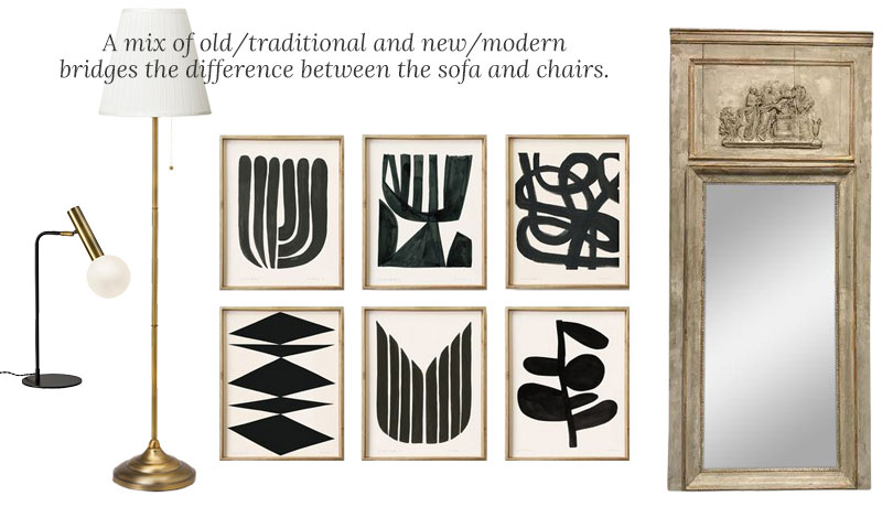 MiY16: Old Meets New – A mix of old/traditional and new/modern bridges the difference between the sofa and chairs.