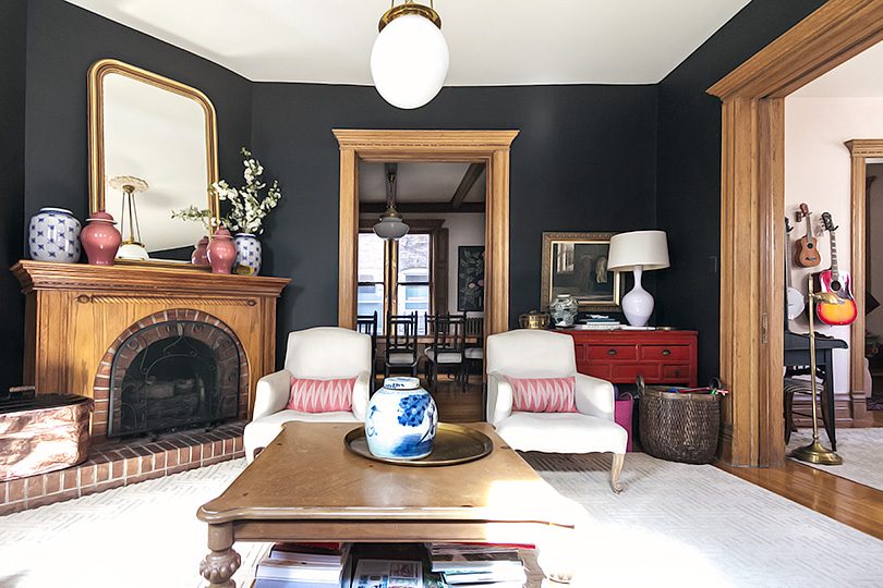 Black Walls, Unpainted Wood Trim, Victorian Living Room | Making it Lovely