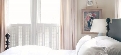 Quincy Bed in Blush Pink Bedroom with All-White Bedding | Making it Lovely