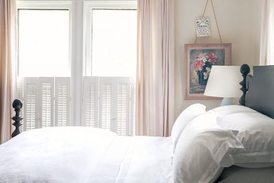Quincy Bed in Blush Pink Bedroom with All-White Bedding | Making it Lovely