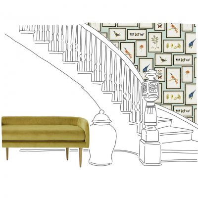 Wallpapered Entry with Bench