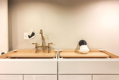 Stock Cabinets, Brass Faucet, Schoolhouse Sconce