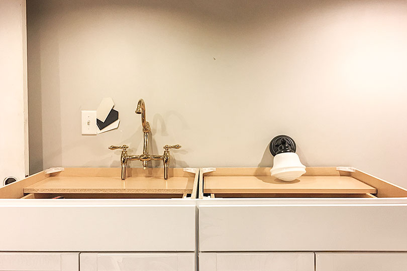 Stock Cabinets, Brass Faucet, Schoolhouse Sconce