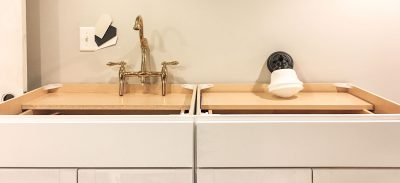 Stock Cabinets, Brass Faucet, Schoolhouse Sconce