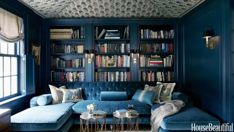 Hague Blue Home Library Bookshelves - Designed by Jeannette Whitson, Photographed by Simon Watson for House Beautiful
