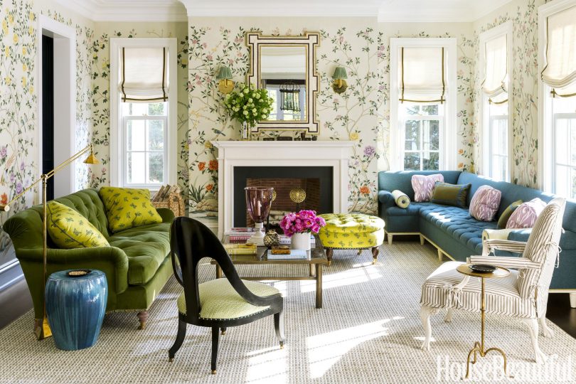 Colorful Living Room with Chinoiserie Wallpaper - Designed by Ashley Whittaker, featured in House Beautiful