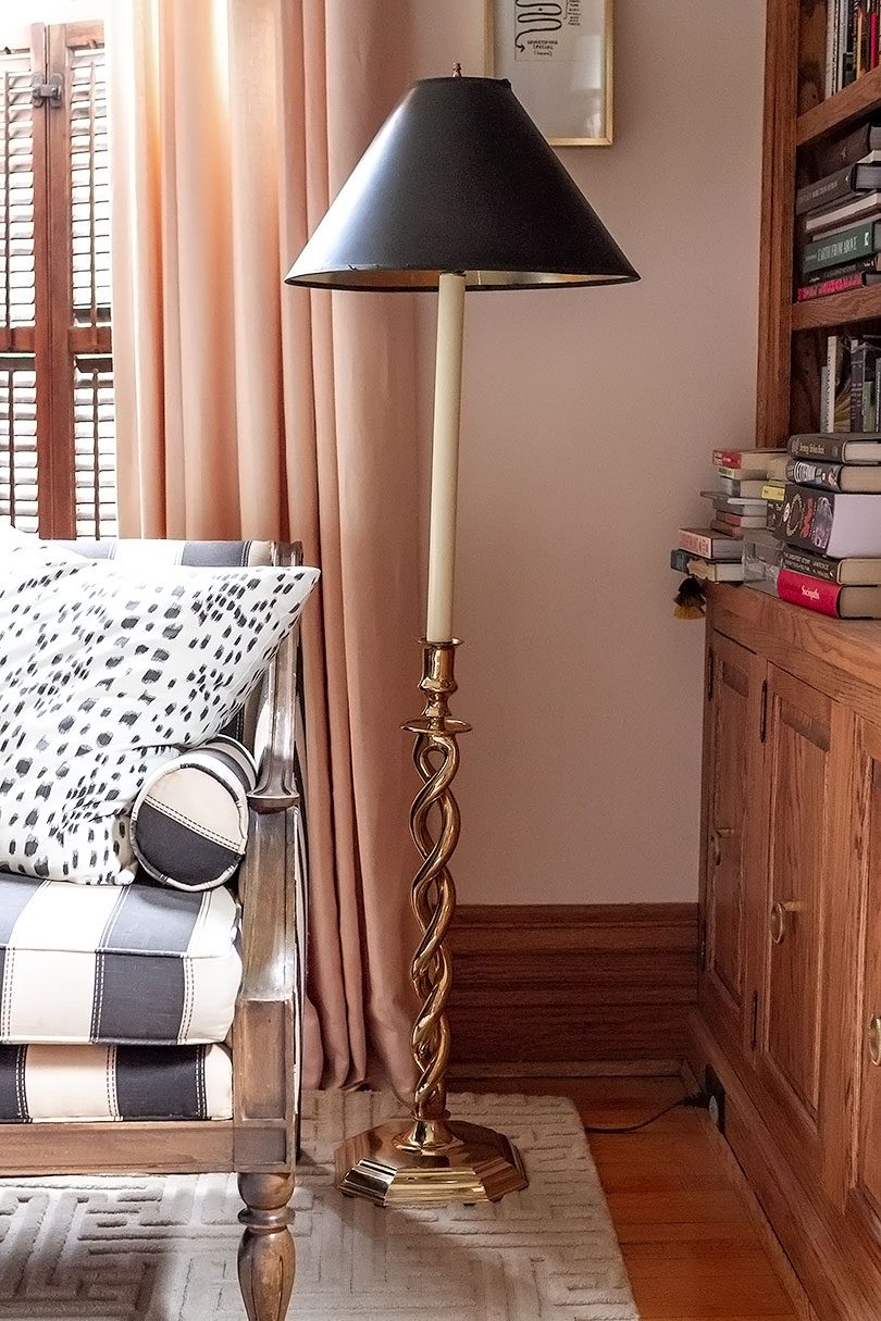 Vintage 1980s Brass Candlestick Floor Lamp with Black Tapered Shade