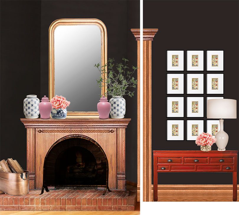 Photoshop Mockup: Louis-Phillipe Mirror Above Fireplace, Framed Grid of Art Above Red Console | Making it Lovely