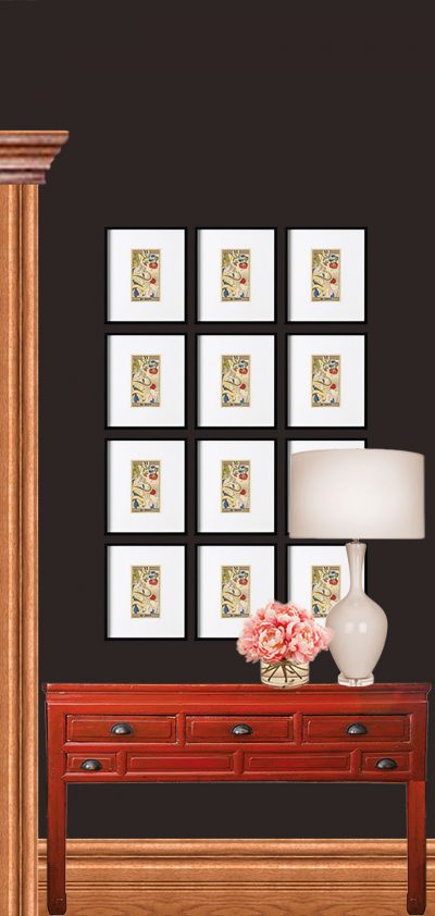 Framed Grid of Art Above Red Console