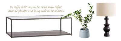 the coffee table, planter, and lamp from before