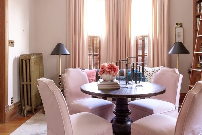 Pink Skirted Chairs, Black Pedestal Table | Home Library | Making it Lovely
