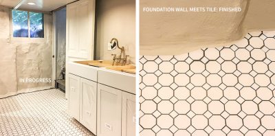 Tile Edge Meets Uneven Stone Foundation Wall