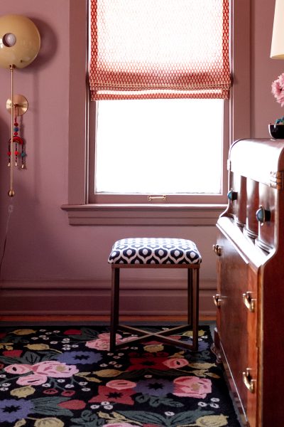 Inner Circle Fabricut Fabric on Square Ottoman Bench | Making it Lovely | One Room Challenge