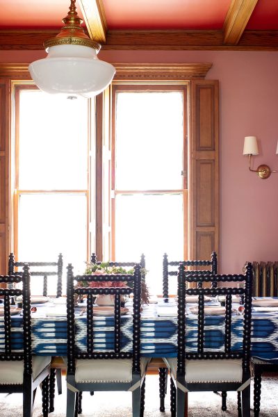 Pink and Red Dining Room, Schumacher Blue Bukhara Ikat Tablecloth | Making it Lovely