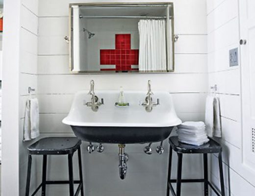 Black and White Bathrom with Red Cross