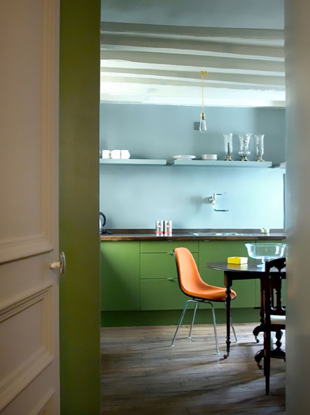 Sky Blue and Olive Green Kitchen by Philippe Harden in Paris