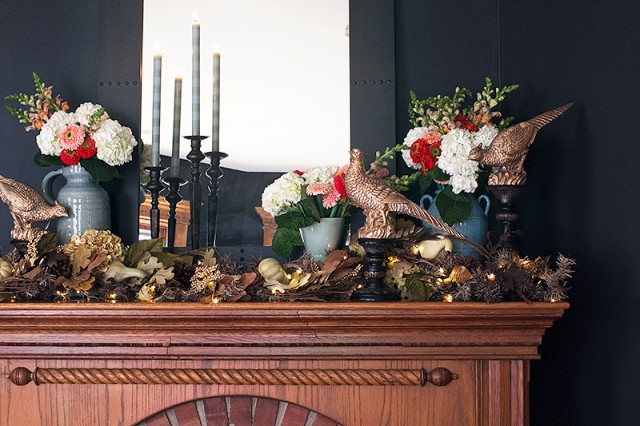 Golden Pheasants and Fall Leaves on the Fireplace Mantel