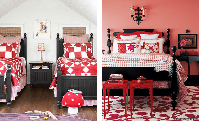 Black Wooden Beds with Red Bedding