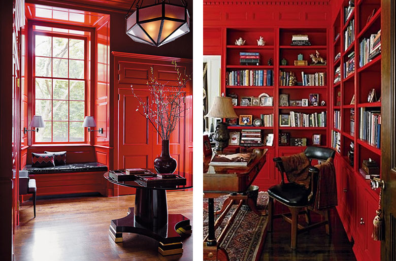 Glossy Red Lacquer Painted Library Bookshelves