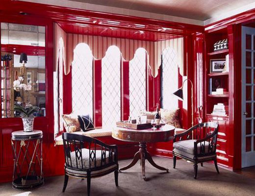 Ruthie Sommers' Red Library with Built-in Lacquered Bookshelves