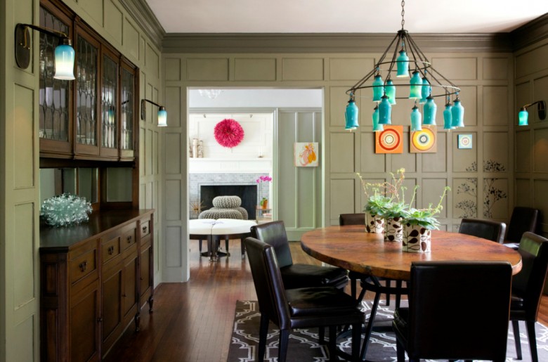 Turquoise Chandelier in a Modern Tudor Dining Room by LDa Architecture & Interiors
