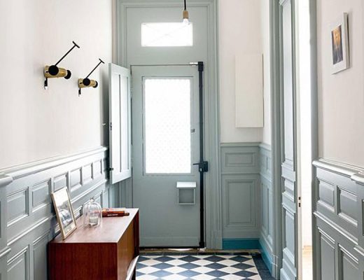 Blue Gray Molding in an Entryway with Checkered Tile Floors