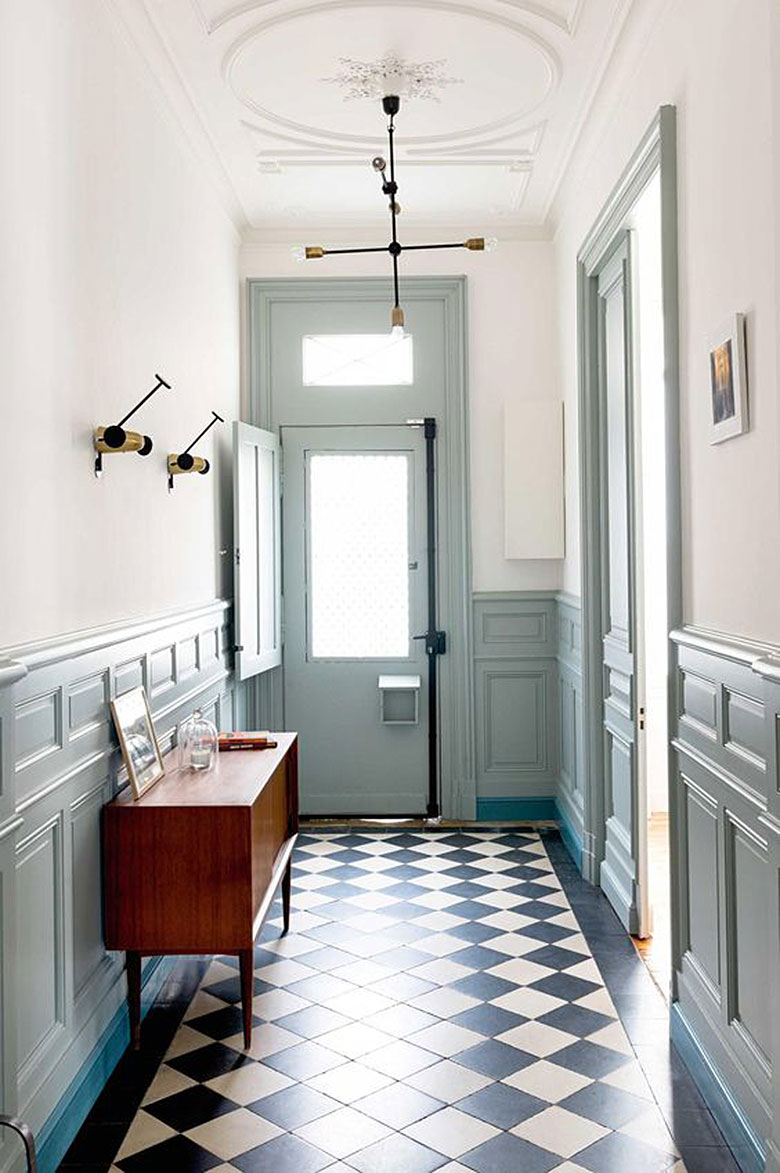 Blue Gray Molding in an Entryway with Checkered Tile Floors