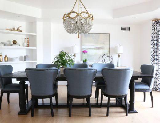 Dining Room with Blue Restoration Hardware Wingback Chairs by Studio McGee