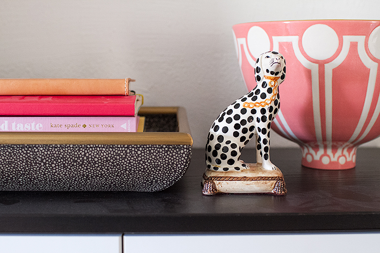 Faux Shagreen Tray, Ceramic Bowl and Dog Figure | Making it Lovely, One Room Challenge