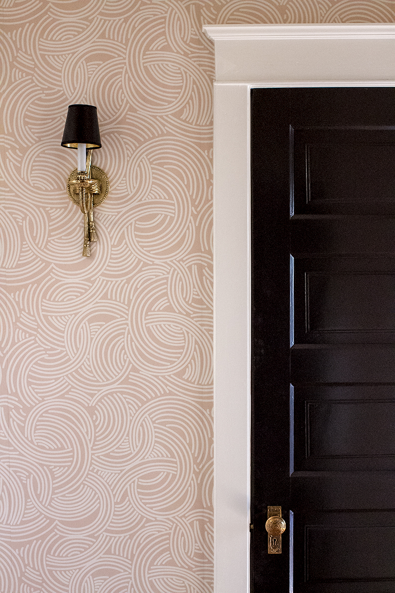 Brass Sconce, Pink Wallpaper, Black Doors, White Trim | Making it Lovely, One Room Challenge