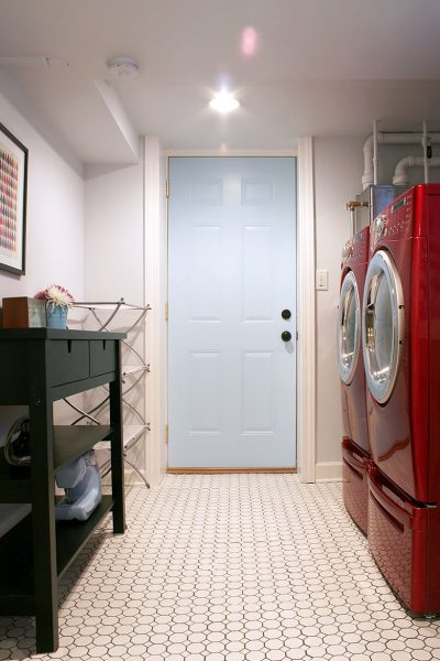 Pale Blue Laundry Room with Red Appliances | Making it Lovely