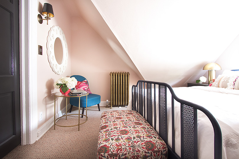 Pink Guest Room, Patterned Bench at Foot of Bed