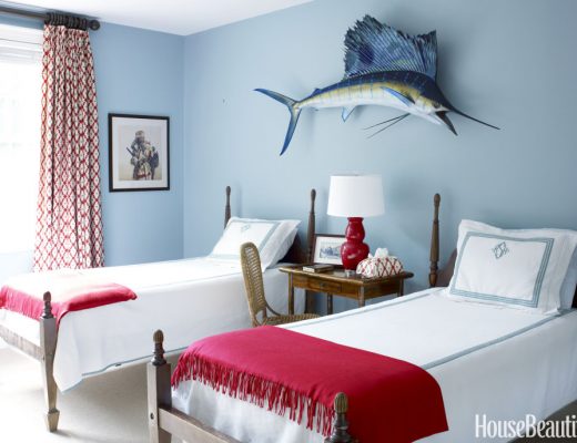 Red and Light Blue Bedroom, Meg Braff, House Beautiful