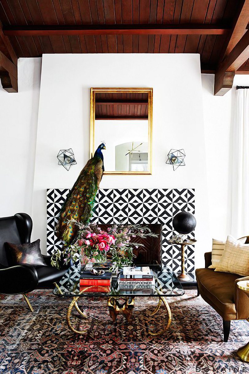 Peacock on a Patterned Tile Fireplace
