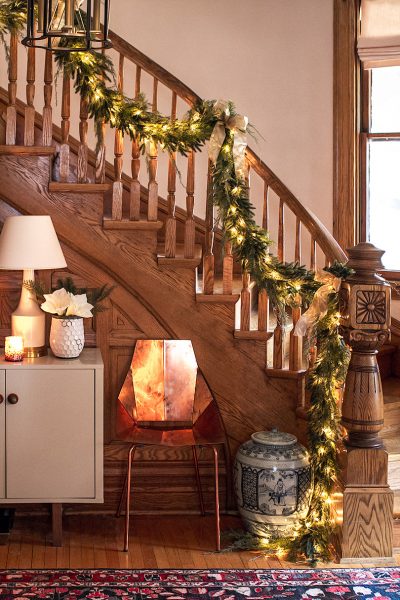 Victorian Oak Staircase Banister with Christmas Garland | Making it Lovely