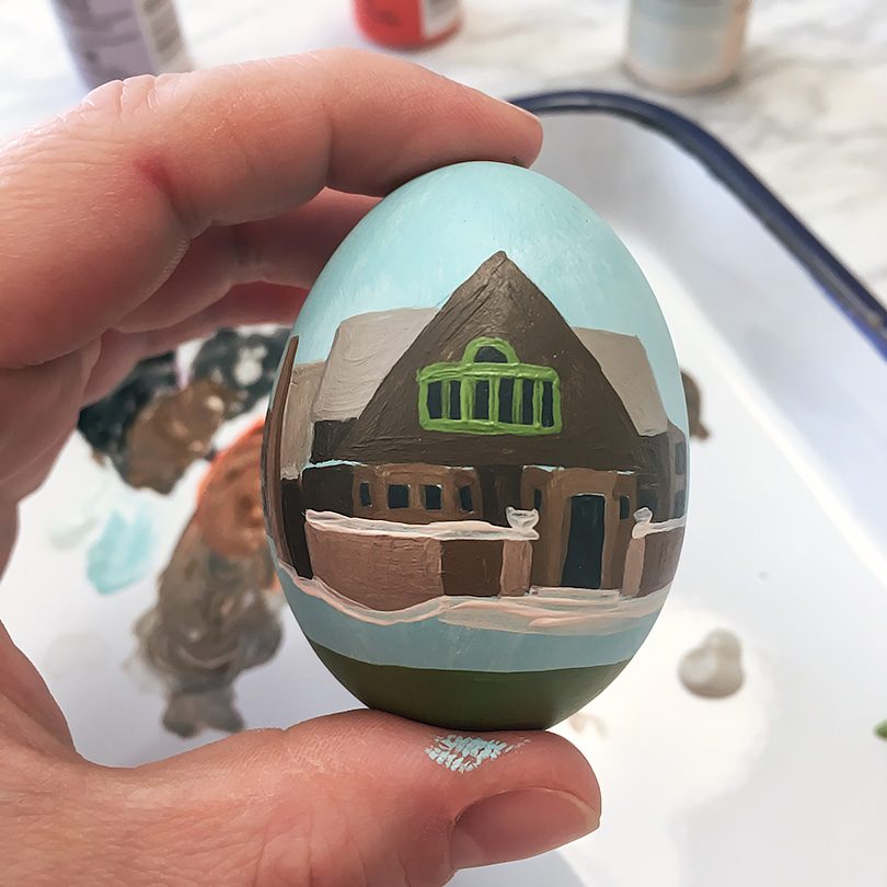 Progress in Painting the Frank Lloyd Wright Home and Studio on a Ceramic Easter Egg
