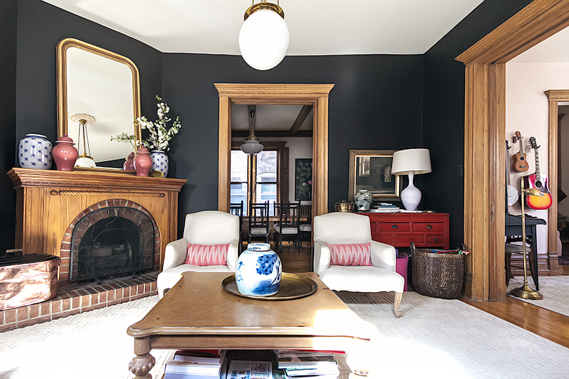 Black Walls Unpainted Wood Trim Victorian Living Room