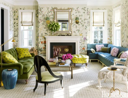 Colorful Living Room with Chinoiserie Wallpaper - Designed by Ashley Whittaker, featured in House Beautiful