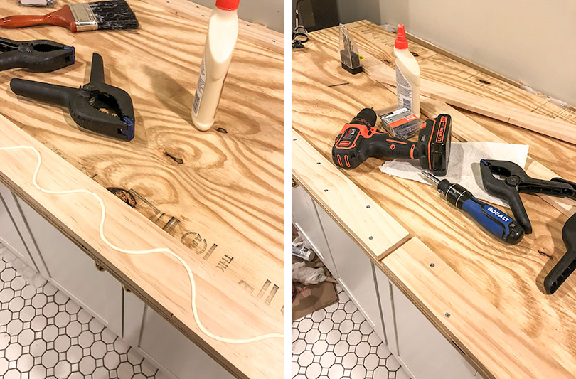 Glue and clamp wooden boards to raise the plywood counters